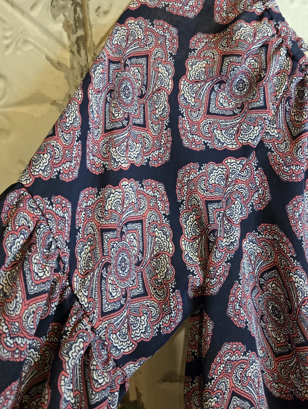 Michael Kors Navy and Pink Paisley Print Peasant Blouse